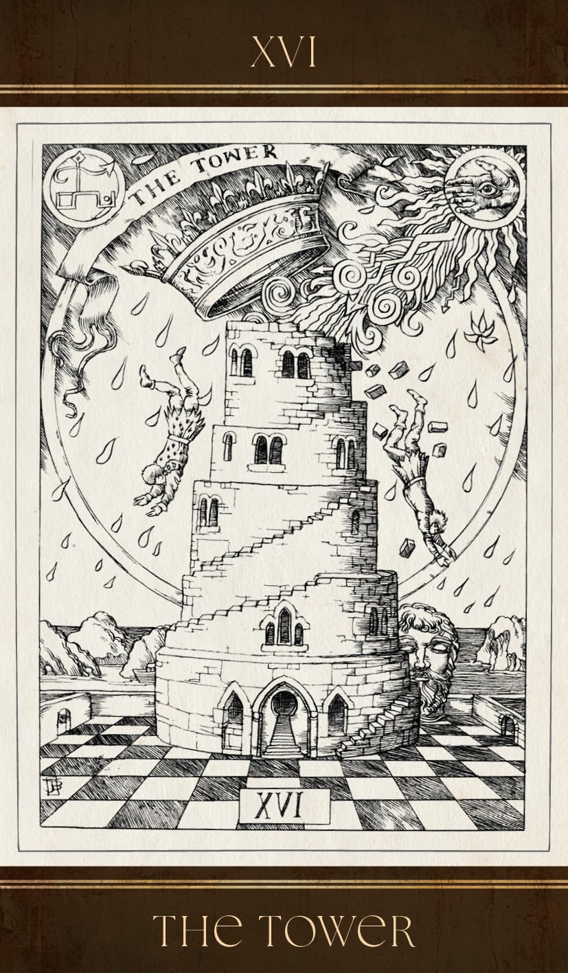 Illustration of 'The Tower' tarot card with a tower and symbolic elements on a checkered background.