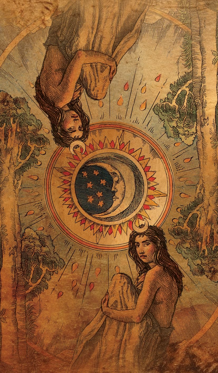 Artistic depiction of two figures embracing with a celestial design in the center.