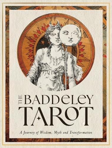 The image displays the cover of 'The Baddeley Tarot: A Journey of Wisdom, Myth and Transformation'. The cover art is reminiscent of Renaissance era, featuring intricate illustrations with gold-foil embellishments.