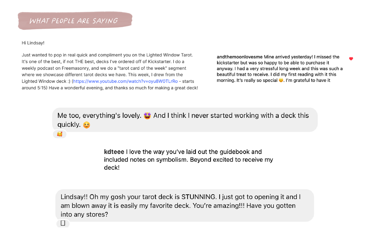 Text-based review of a tarot deck with user comments on a white background
