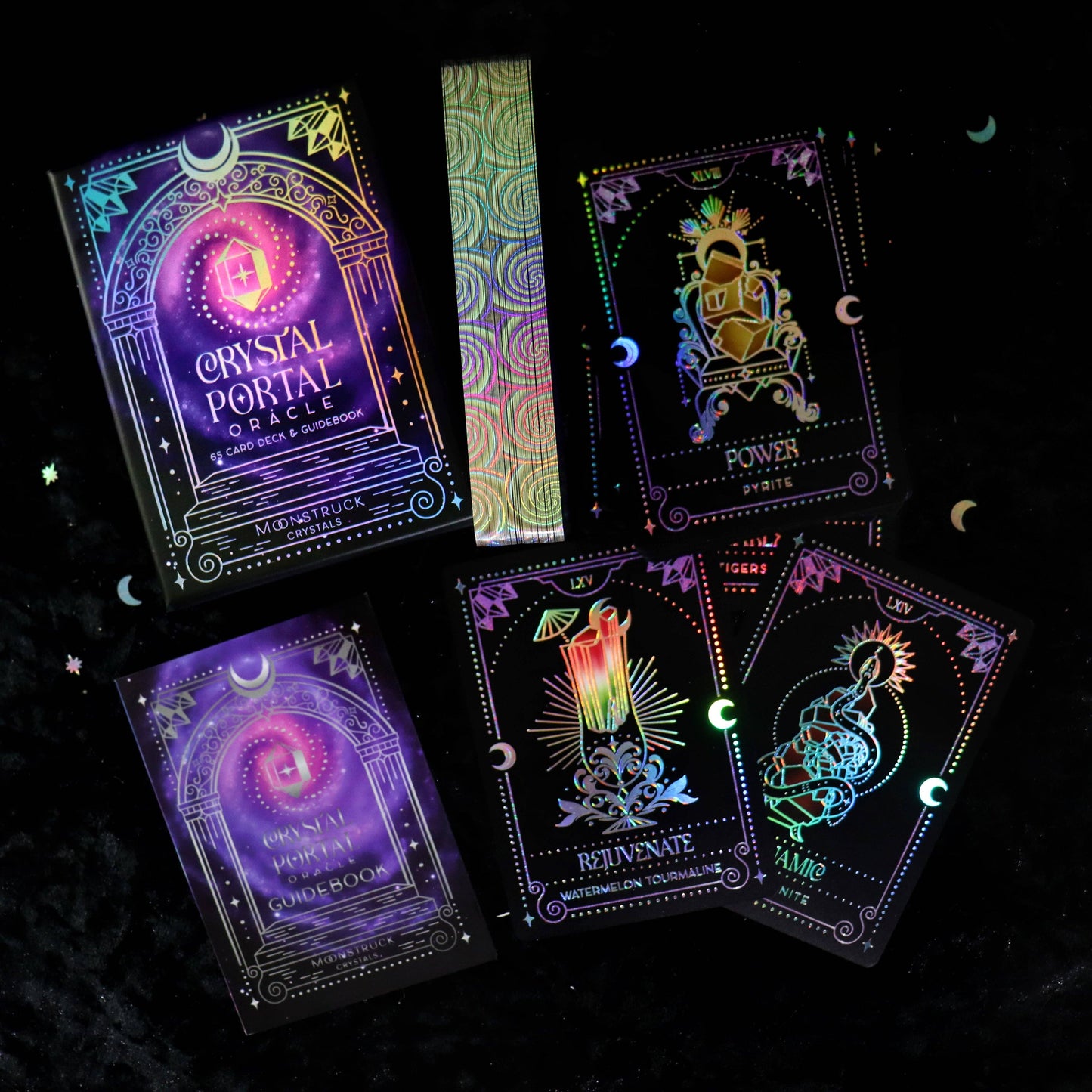Crystal Portal Oracle deck with holographic foil and crystal themed artwork indie oracle UK