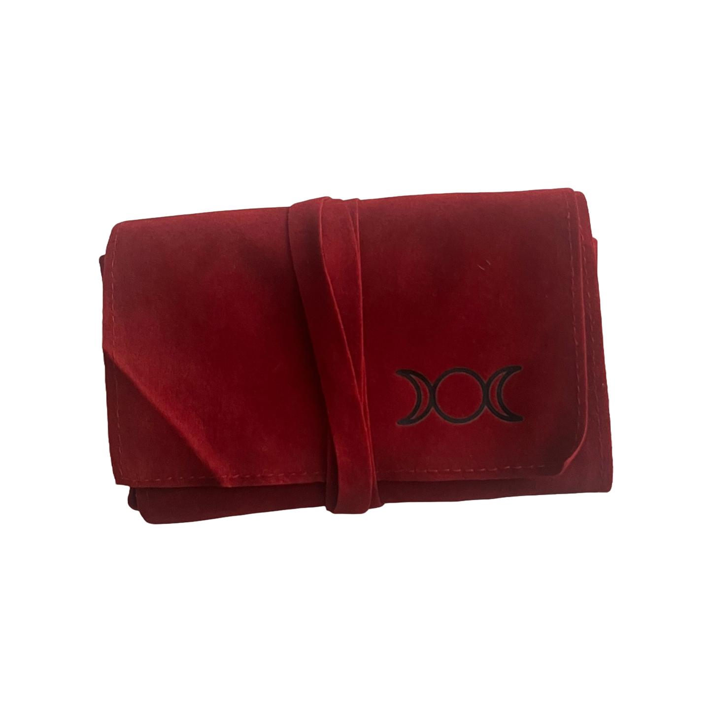 Red velvet tarot pouch with a black triple moon emblem on a white background