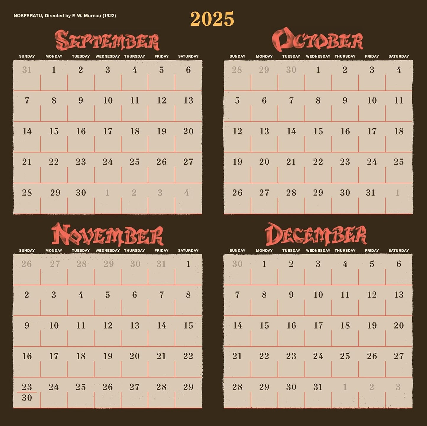 Classic Horror Movies 2026 Wall Calendar