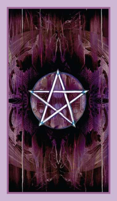 Pentagram symbol in the center of a stylized, abstract design with purple and black colors. Oracle of the Dragonfae redesigned edition oracle deck with fantasy dragon and fae themed cards.