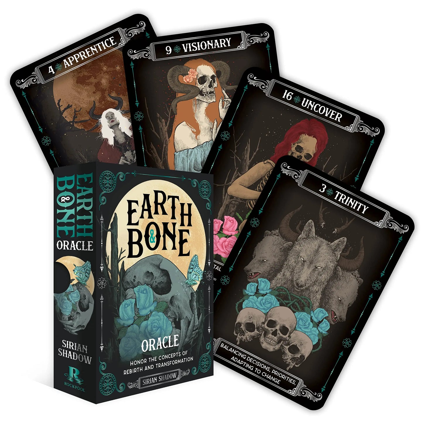 A boxed set of Earth & Bone Oracle cards featuring illustrations of skulls, nature, and mystical imagery, indicating a theme of spiritual transformation.