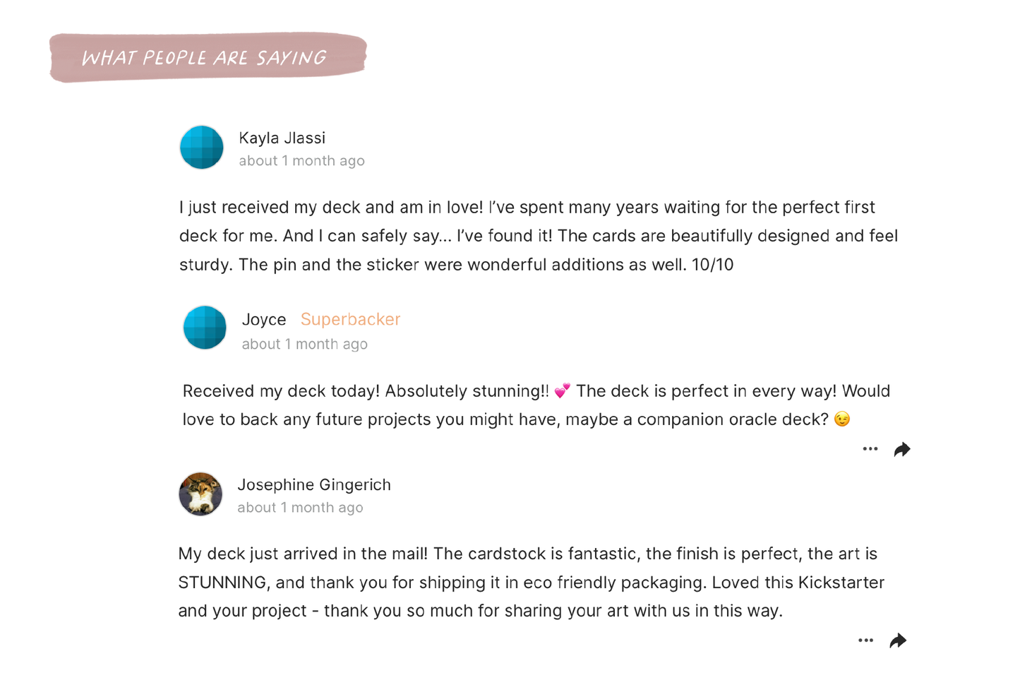 Reviews of a product with user comments on a white background