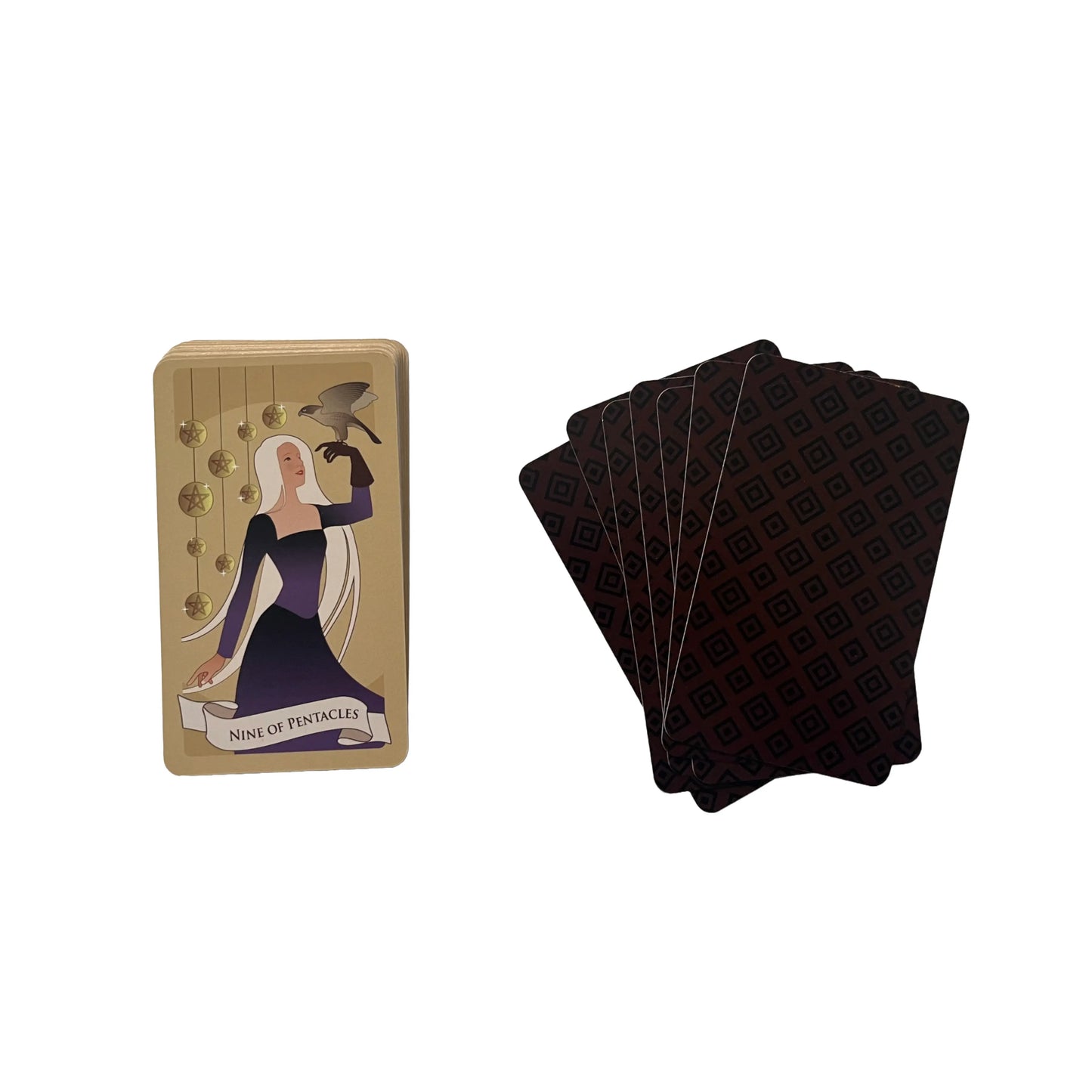 Card with a design of a woman holding a bird and a set of black cards on a white background