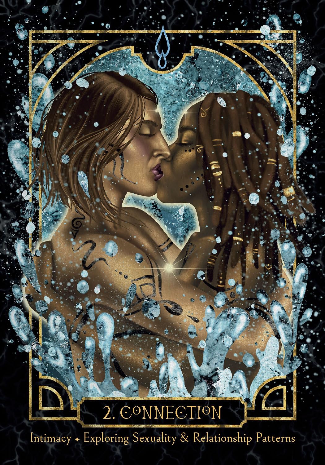 Illustration of two people kissing with a decorative border and text at the bottom. Empaths healing oracle