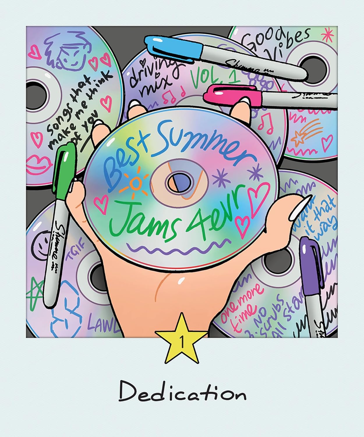 The Everyday Millennial Oracle deck by Elizabeth Su featuring nostalgic 90s and 2000s inspired oracle cards. Illustration of a hand holding a 'Best Summer Jams Ever' CD with colorful text and stationery items in the background.