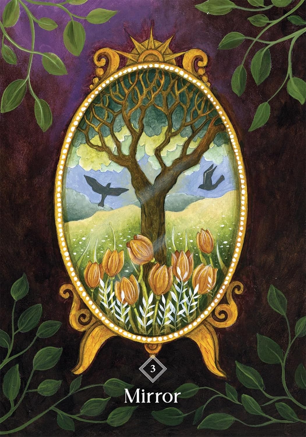 Decorative mirror with a tree and tulips design, surrounded by leaves on a dark background