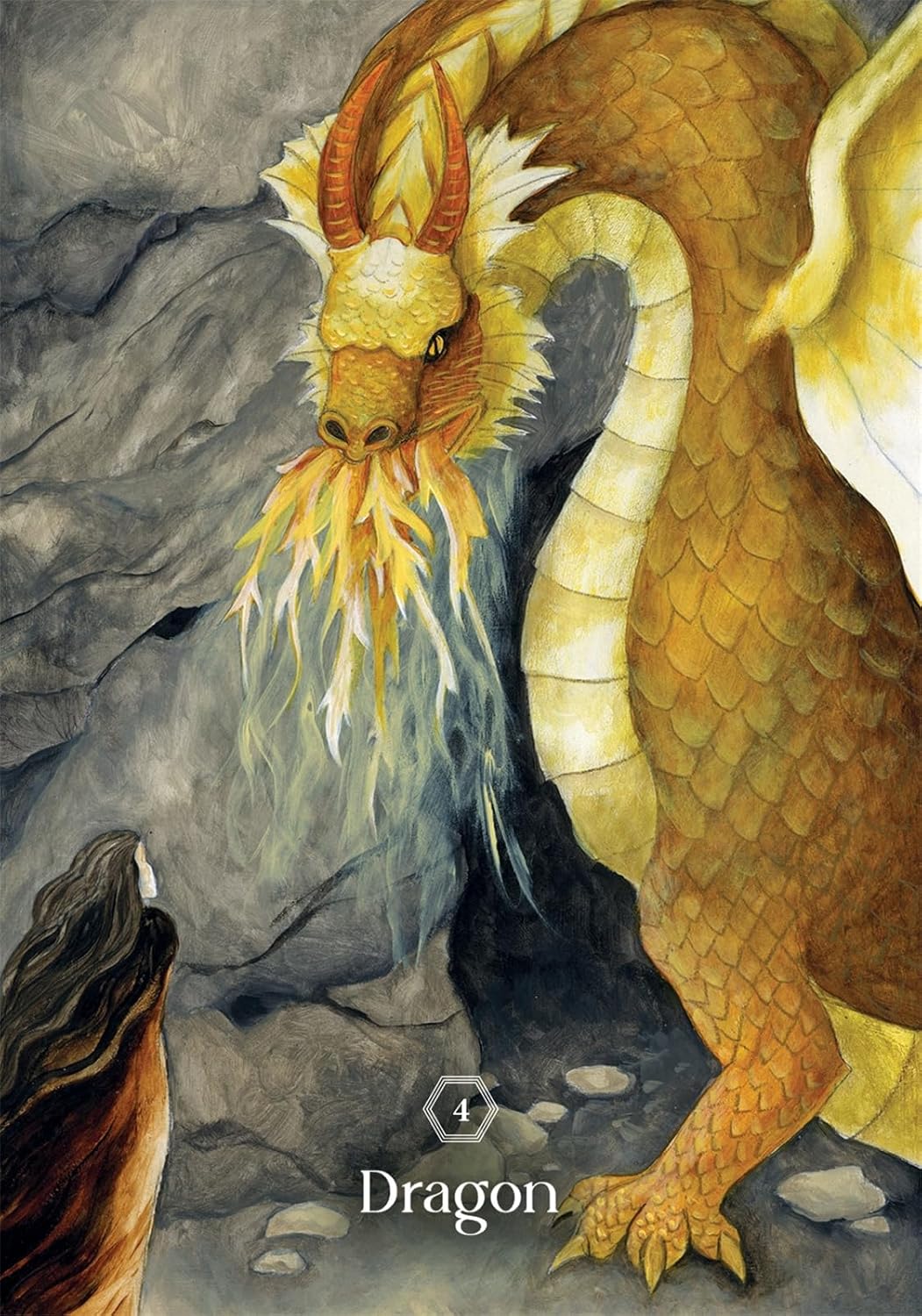 Illustration of a dragon emerging from a rocky cave