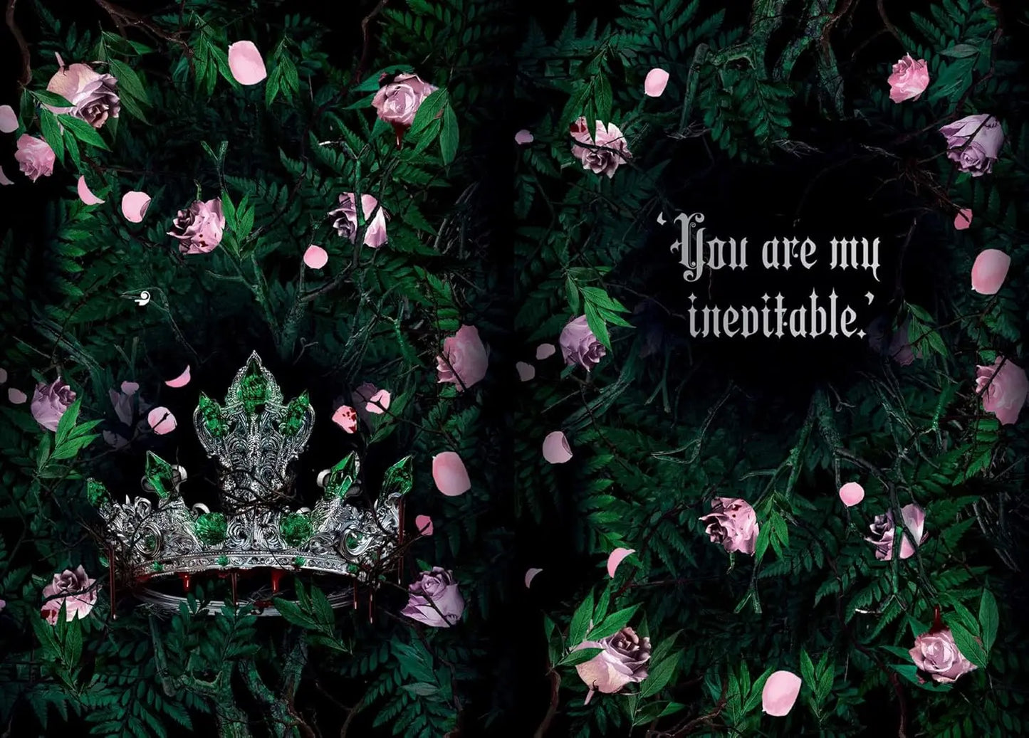 Crown surrounded by flowers with a romantic quote on a dark background Lauren roberts Powerless Trilogy