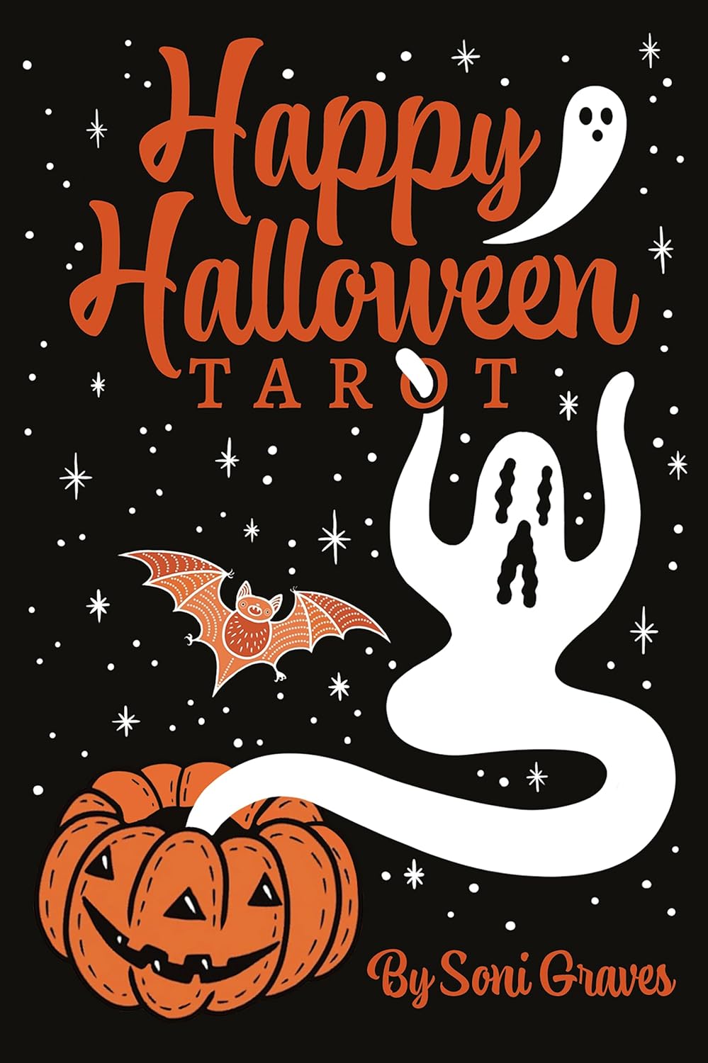 Cover of guidebook for Happy Halloween tarot deck. by Soni Graves Shows a ghost with an orange bat and a pumpkin