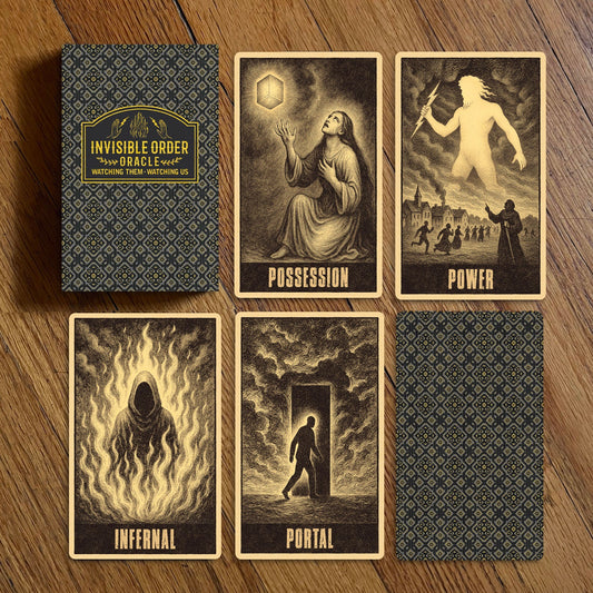 Set of tarot cards with illustrations and text on a wooden surface