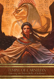 Isis is depicted in a temple with baset behind her. Wings spread wide and arms in a welcoming comfortable stance