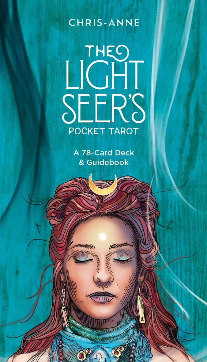 Cover of the light seers pocket tarot guidebook with the authors name Chris Anne . The cover features a woman depicted as the high priestess against a teal background