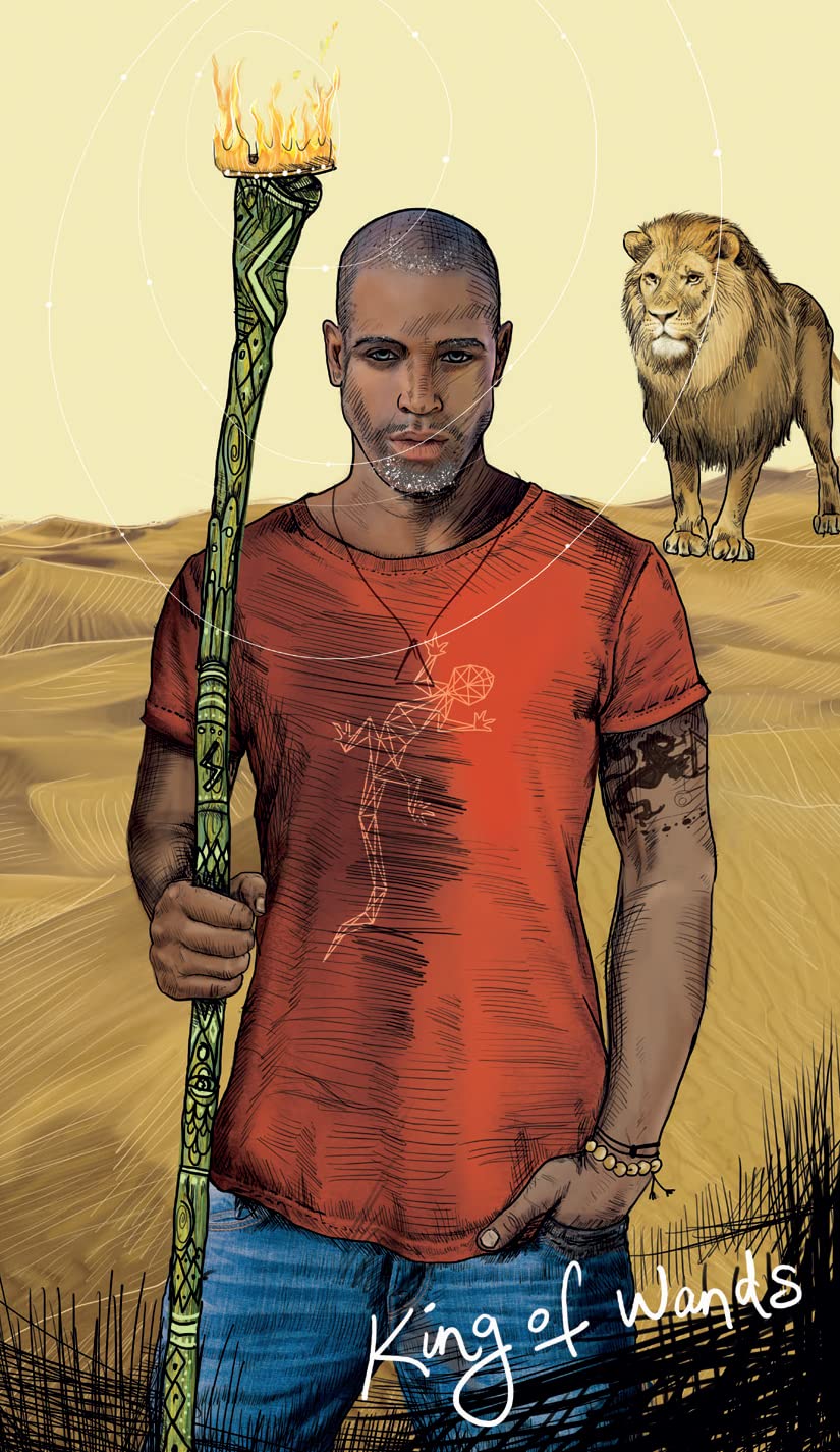 A dark skinned man wearing a red tshirts and jeans, Holding a staff topped with a crown of flames. In the back ground he is shown in the desert with a male lion. King of wands tarot card