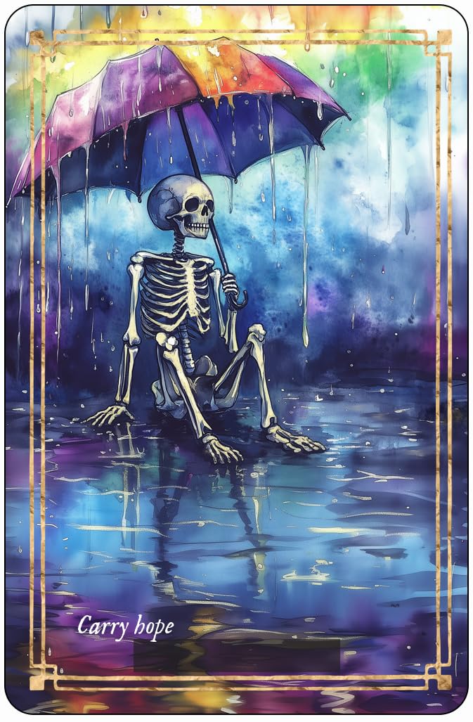 Skeleton holding a colorful umbrella with a mystical background and text 'Carry hope'.