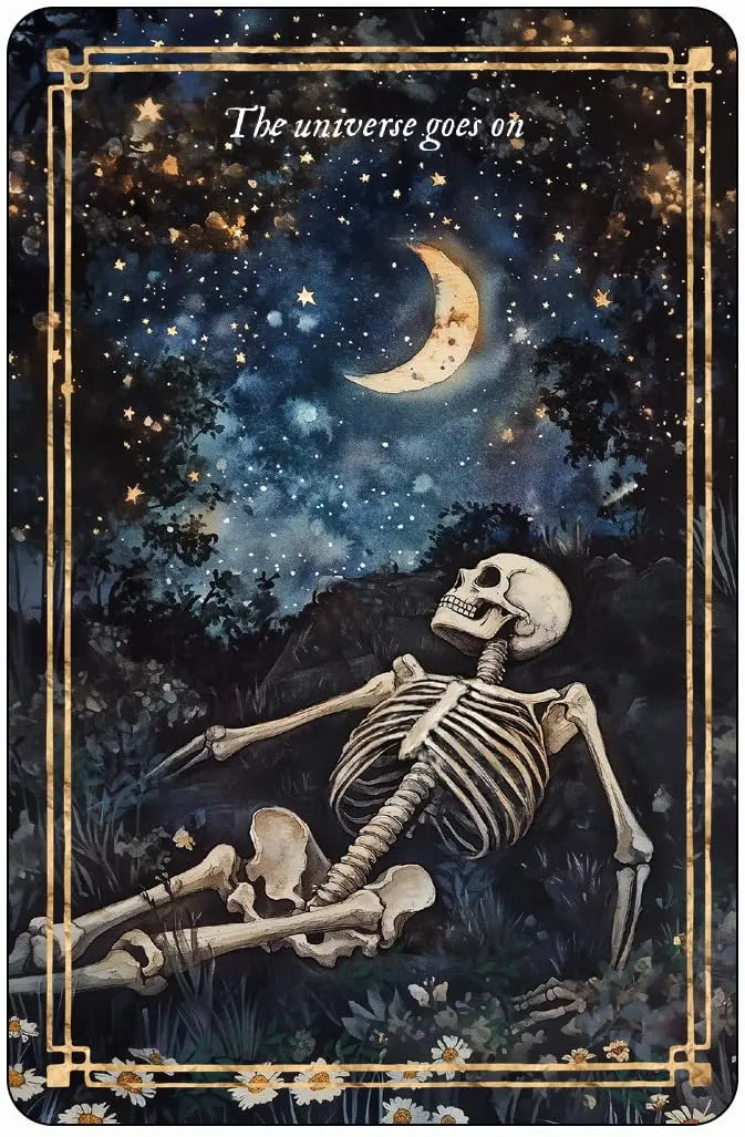 Skeletal figure sitting under a starry night sky with a crescent moon.