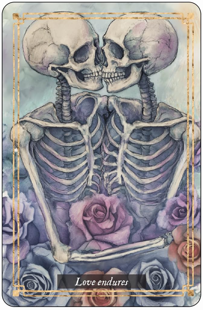 Skeletal embrace with roses and text 'Love endures' on a decorative border