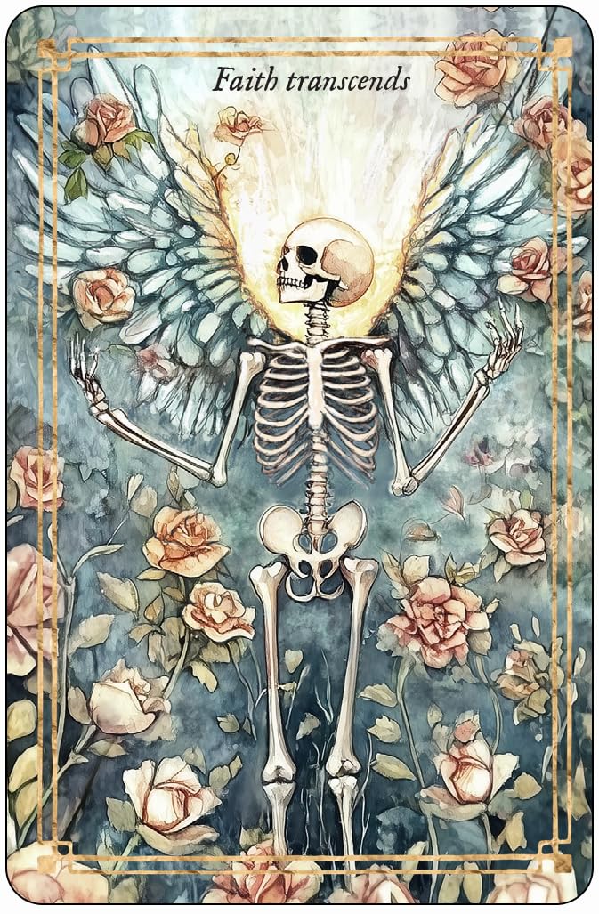Skeletal figure with wings surrounded by flowers and text 'Faith transcends' on a decorative border.