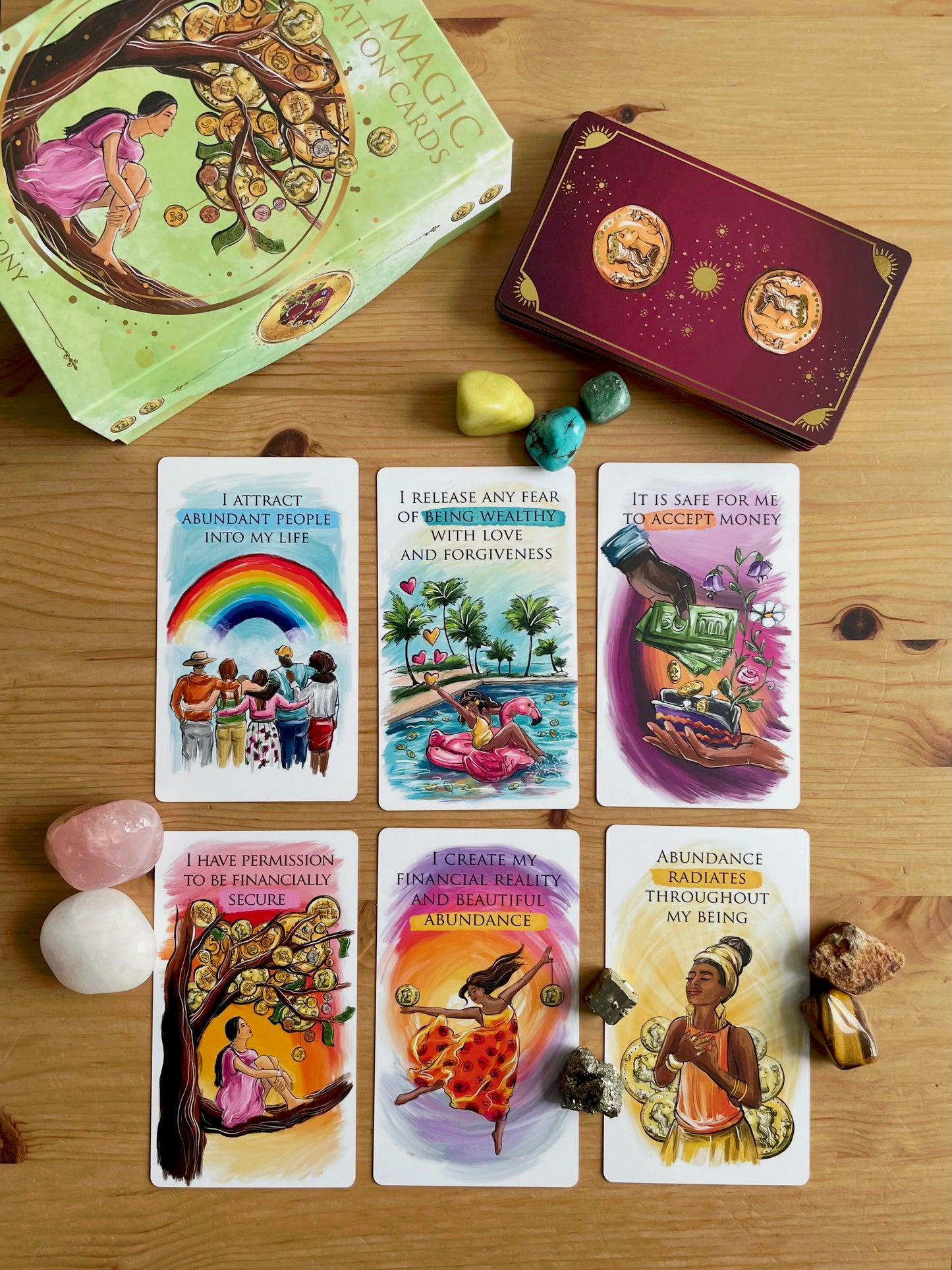 Money Magic Manifestation Cards standard edition deck with gold edges and guidebook.