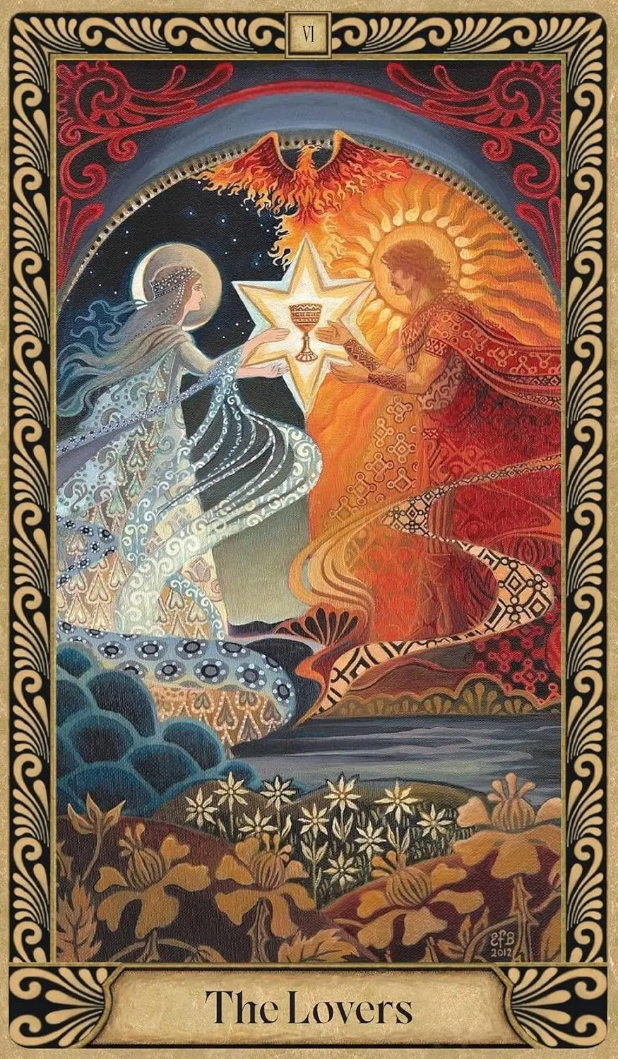 Tarot card titled 'The Lovers' with two figures holding a star, surrounded by decorative elements.