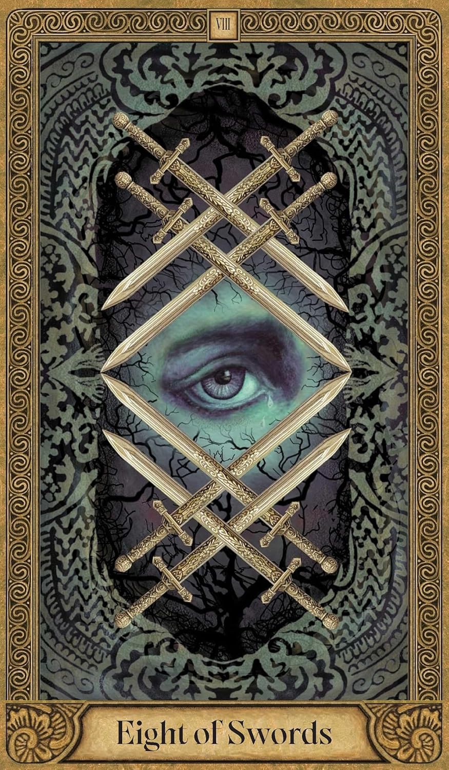 Card featuring an eye and crossed swords with decorative border and text