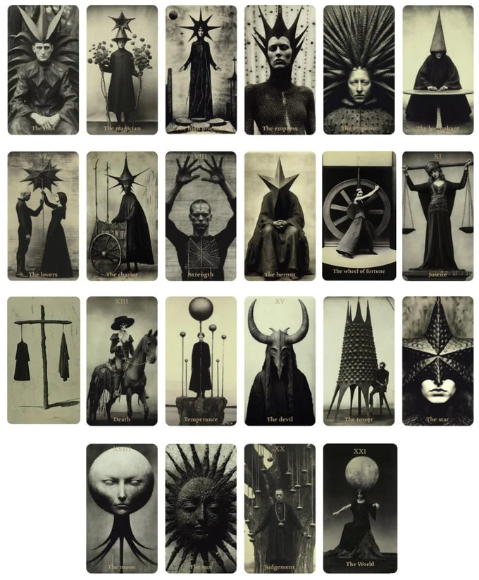 Tarot Obscuro Mini Edition indie tarot deck with black matte edges and metal storage tin.
