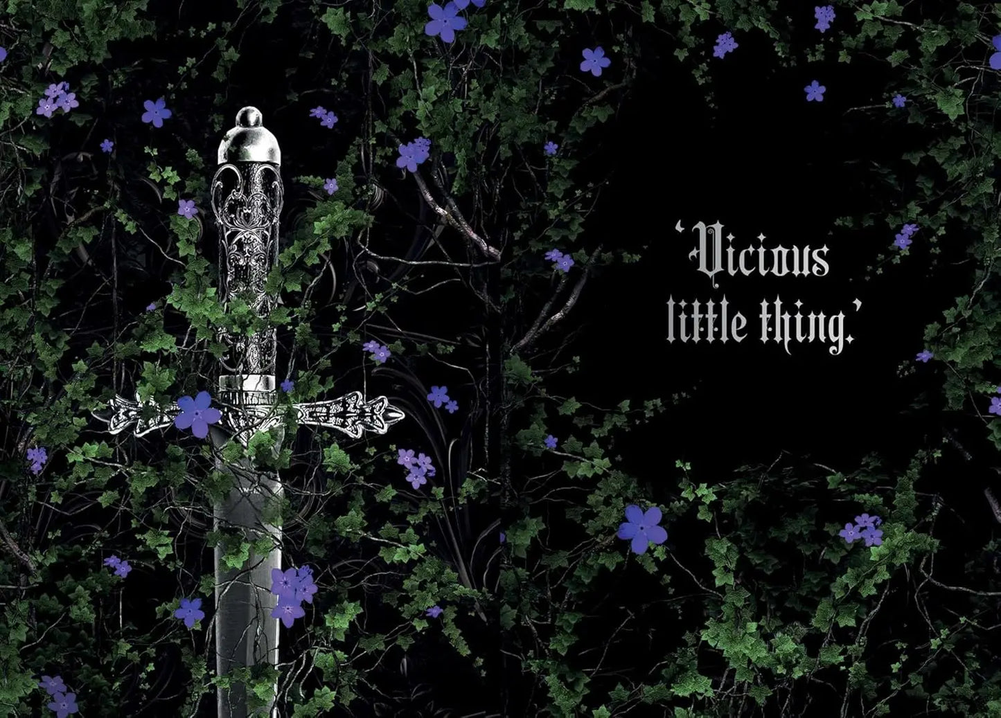 Decorative sword with intricate designs against a dark background with purple flowers. powerless Journal