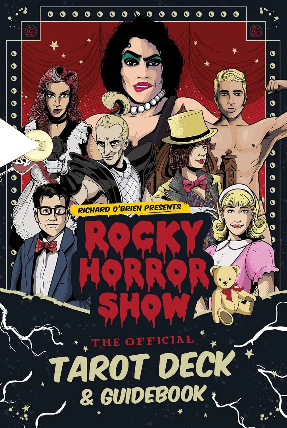 Cover of 'Rocky Horror Show' tarot deck and guidebook with illustrated characters and text.