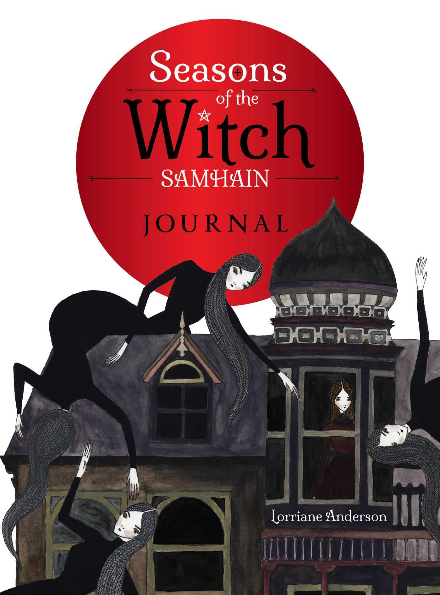 Cover of SOTW journal Samhain. Showing 4 witches falling around a gothic building