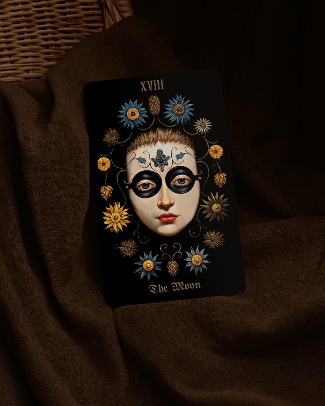 Tarot card titled 'The Moon' with decorative elements on a dark background