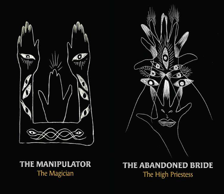 Black and white illustrations of hands with eye details, labeled 'The Manipulator' and 'The Abandoned Bride', on a black background.