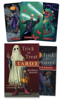 A tarot kit with colorful card illustrations featuring Halloween themes, including a ghost, a witch, and pumpkins. The set includes a guidebook titled 'Trick or Treat Tarot' by Barbara Moore and Jonathan Hunt.