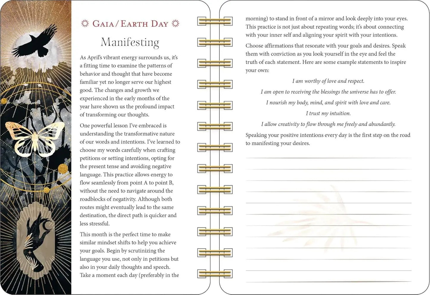 Open planner with artistic design and text on Gaia/Earth Day theme Year of the witch