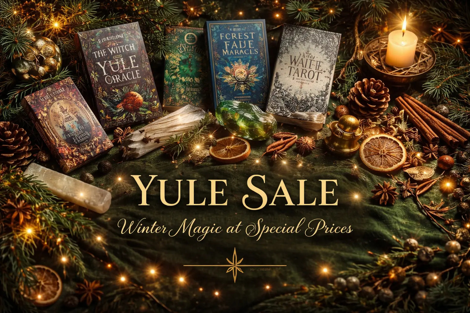 Yule Sale at Oneness Emporium showcasing tarot decks, oracle cards, crystals and winter ritual tools styled with candles and festive greenery