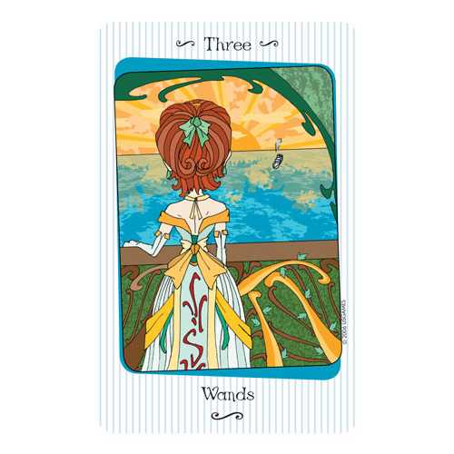 Card with a woman in a dress and 'Wands' text, featuring a scenic background.