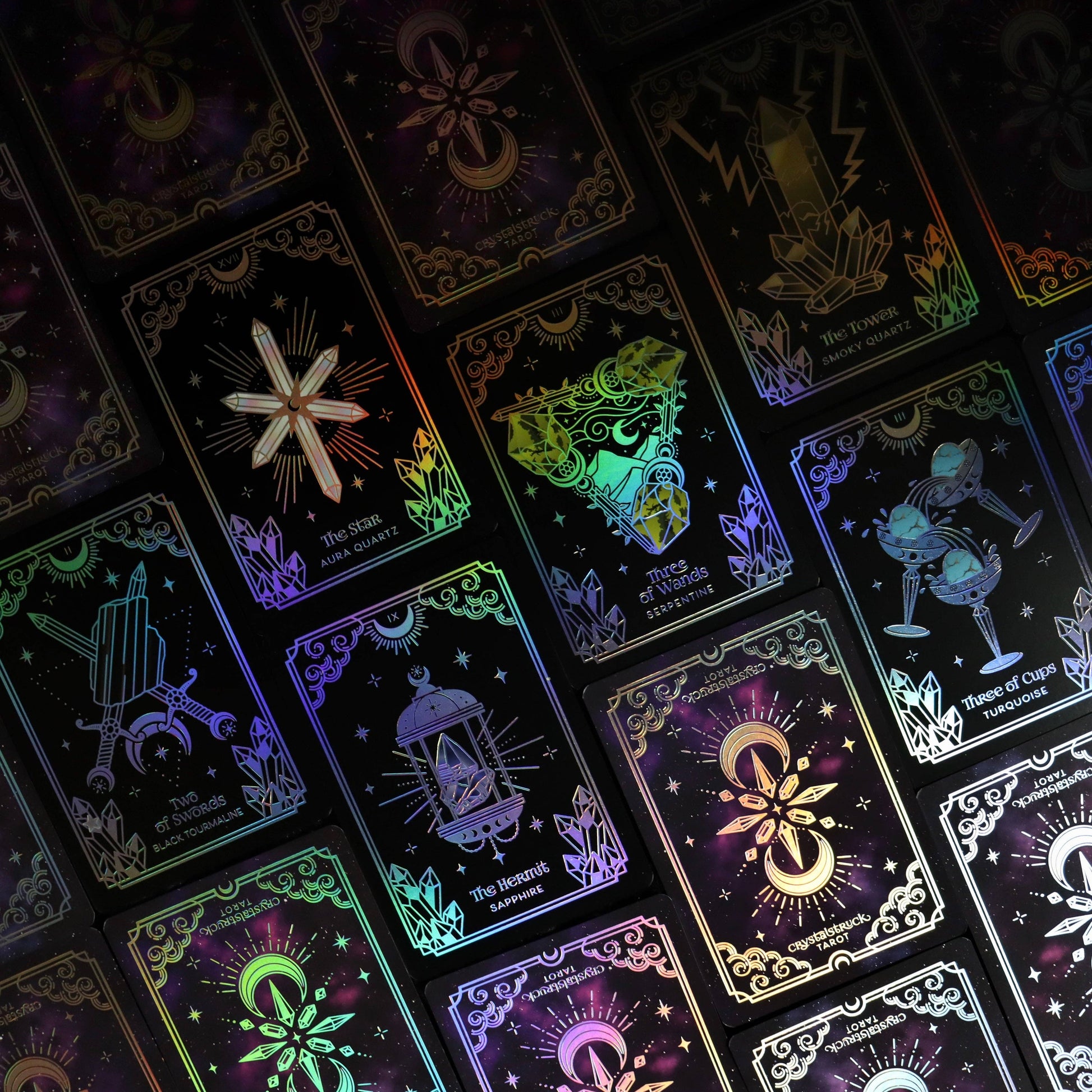 Mini Crystalstruck Tarot Silver Edition pocket tarot deck with holographic detailing.