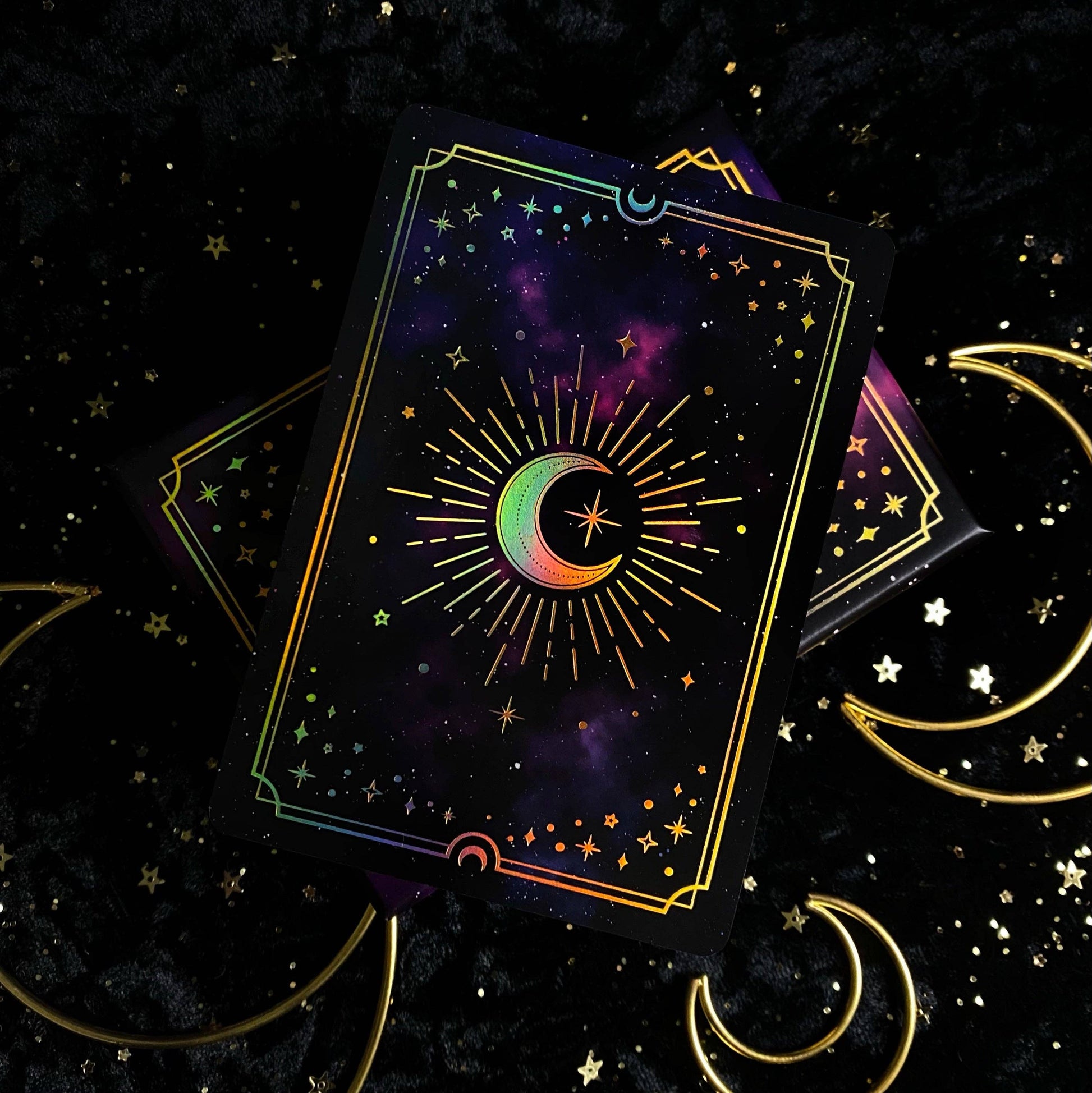 Colorful tarot card with celestial design on a dark background Gold Crystal Affirmations Golden Aura Edition featuring luxury affirmation cards inspired by crystal wisdom, mindfulness, and positive daily intentions.