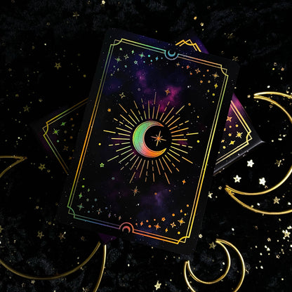 Colorful tarot card with celestial design on a dark background Gold Crystal Affirmations Golden Aura Edition featuring luxury affirmation cards inspired by crystal wisdom, mindfulness, and positive daily intentions.