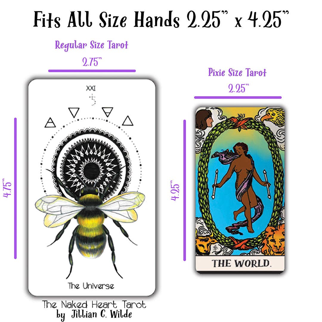 Two tarot cards with measurements labeled, one featuring a bee and the other 'The World' card.