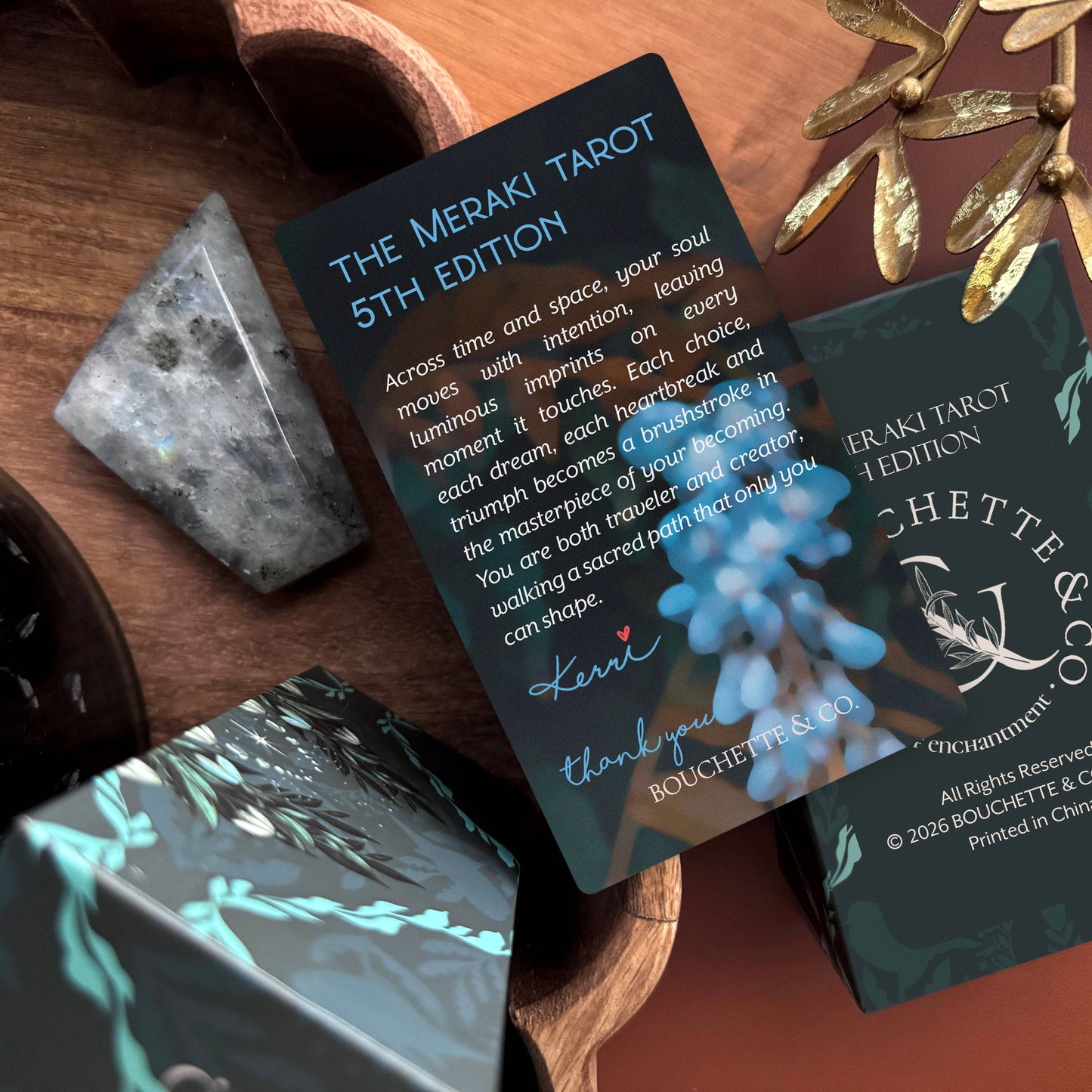 The Meraki Tarot 5th Edition by Kerri Snook featuring whimsical botanical tarot artwork and fantasy-inspired symbolism