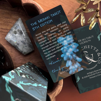 The Meraki Tarot 5th Edition by Kerri Snook featuring whimsical botanical tarot artwork and fantasy-inspired symbolism