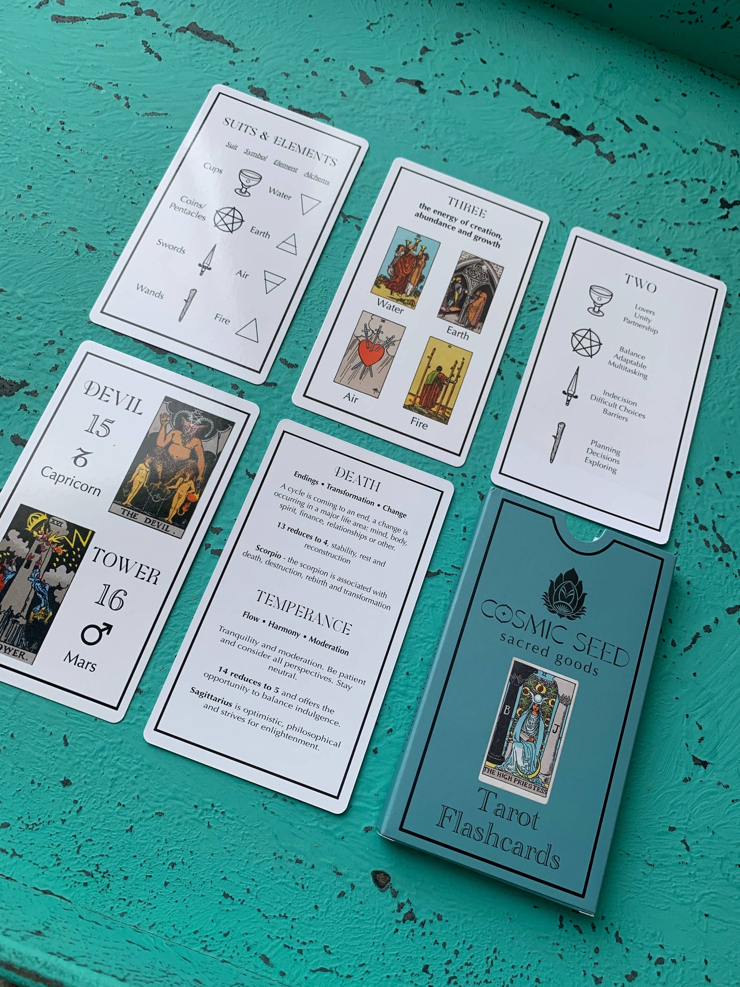Indie tarot flashcards for learning tarot meanings created by Myth Weaver Tarot artist