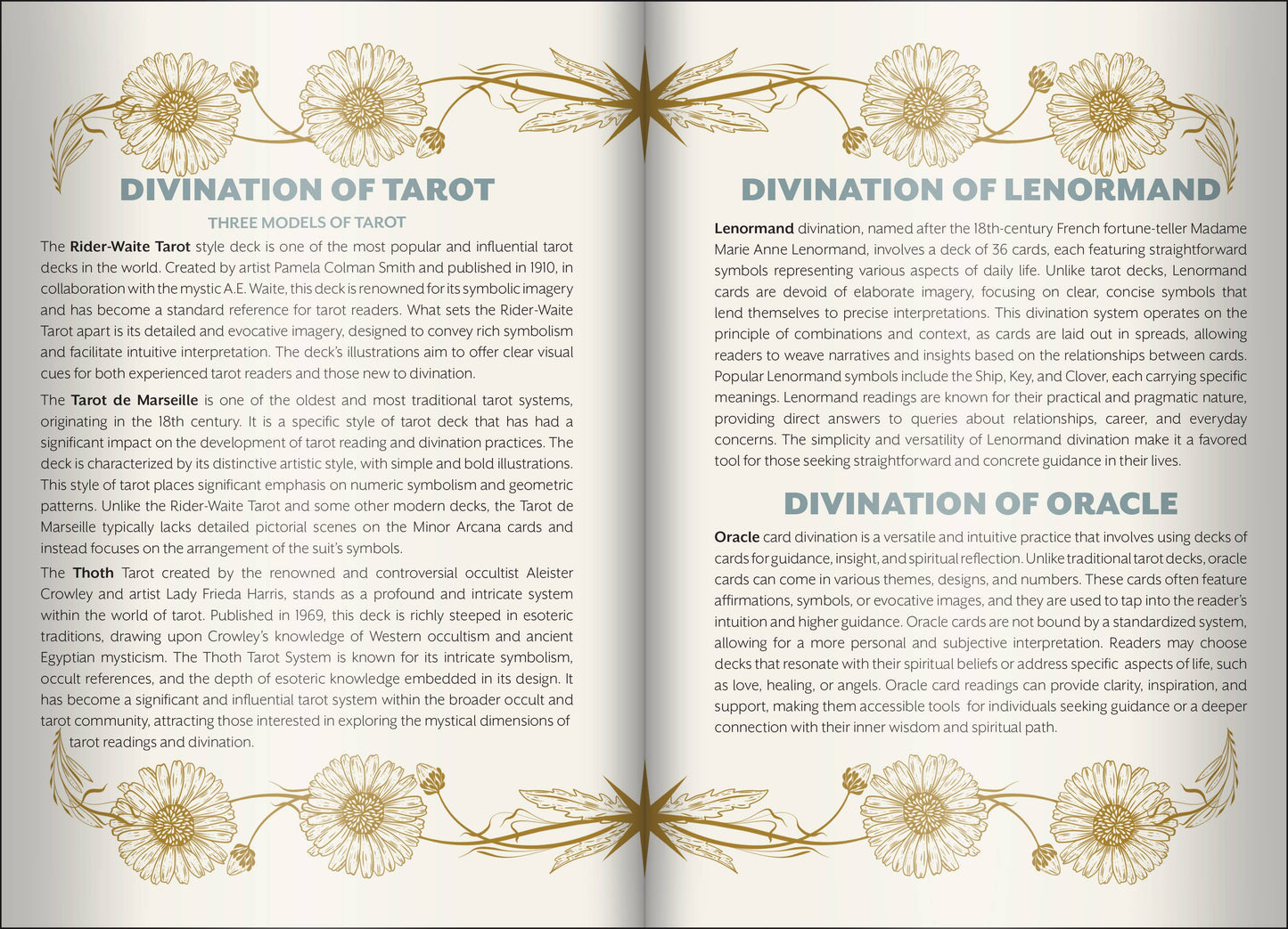 Open book showing pages about divination methods including Tarot, Lenormand, and Oracle.