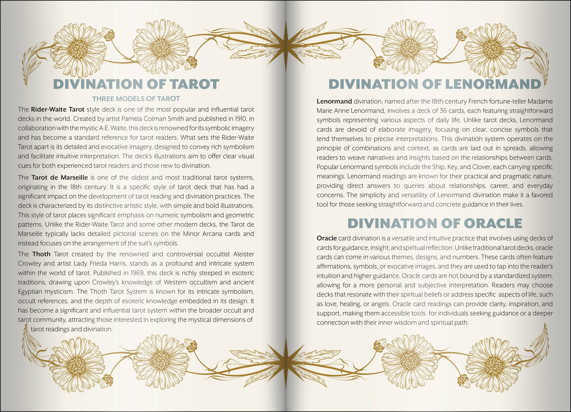 Open book showing pages about divination methods including Tarot, Lenormand, and Oracle.