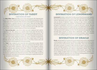 Open book showing pages about divination methods including Tarot, Lenormand, and Oracle.