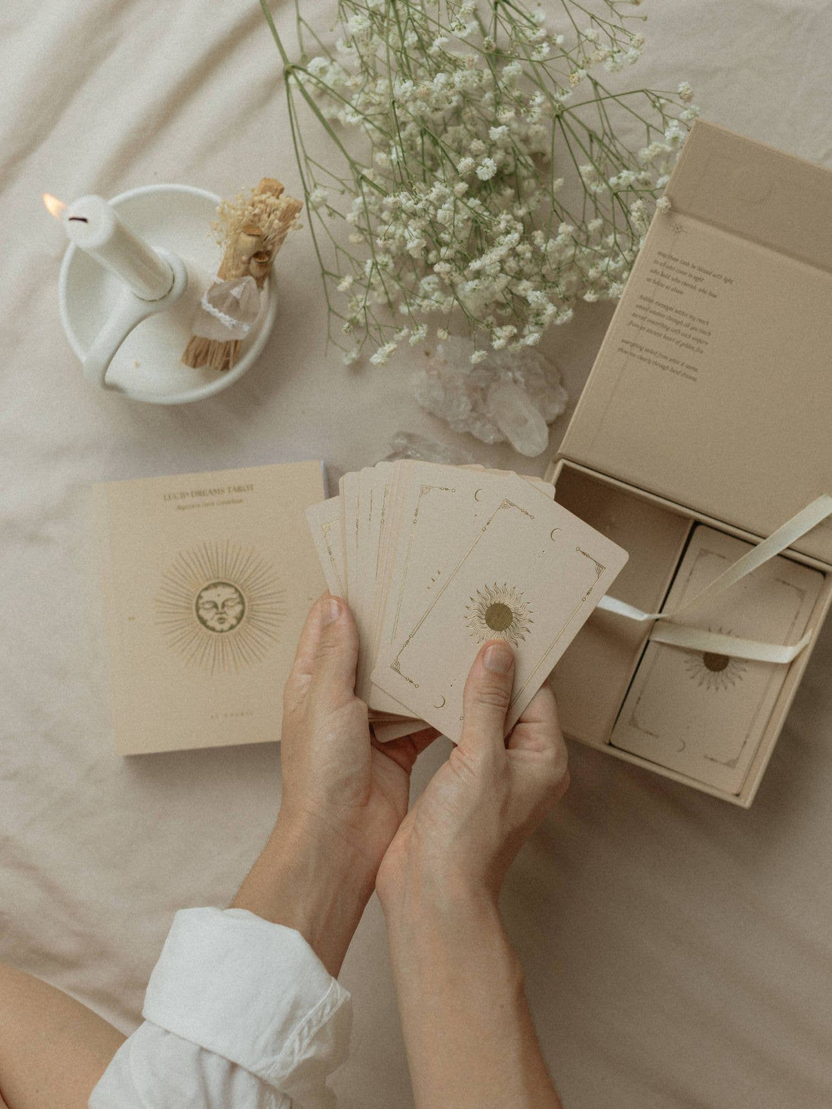 Lucid Dreams Beginner's Tarot Beige Edition IV by ST. SOLEIL with gold foil cards, matte gold edges and guidebook
