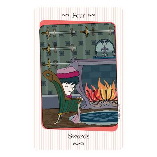 Card with a person by a fireplace labeled 'Four Swords' from a tarot card set.